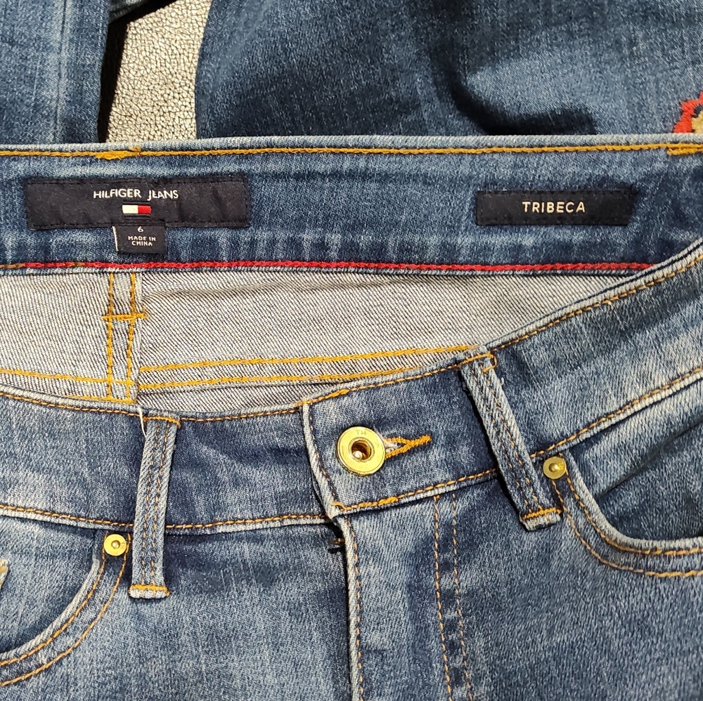 Tommy Hilfiger Tribeca Denim Jeans Embroidered Paisley Floral Red Blue Beige, 6 - Picture 6 of 7